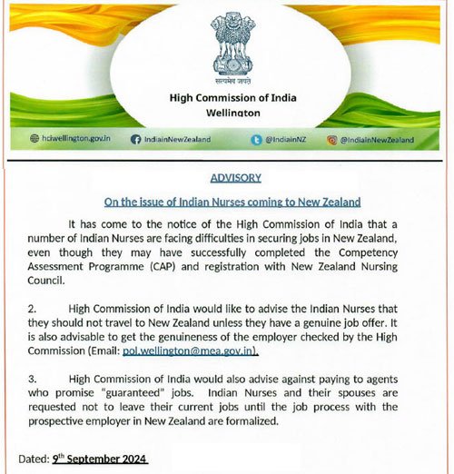 Advisory on the issue of Indian Nurses Coming to New Zealand