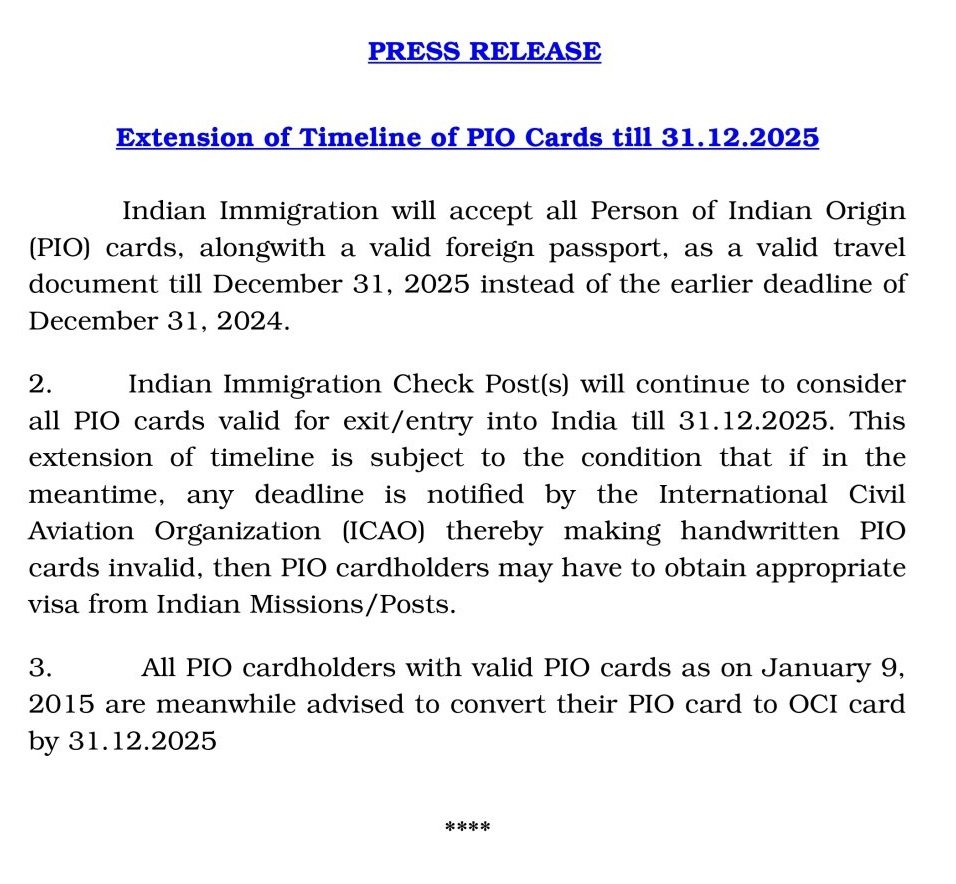 Press Release: Extension of Timeline of PIO Cards till 31.12.2025